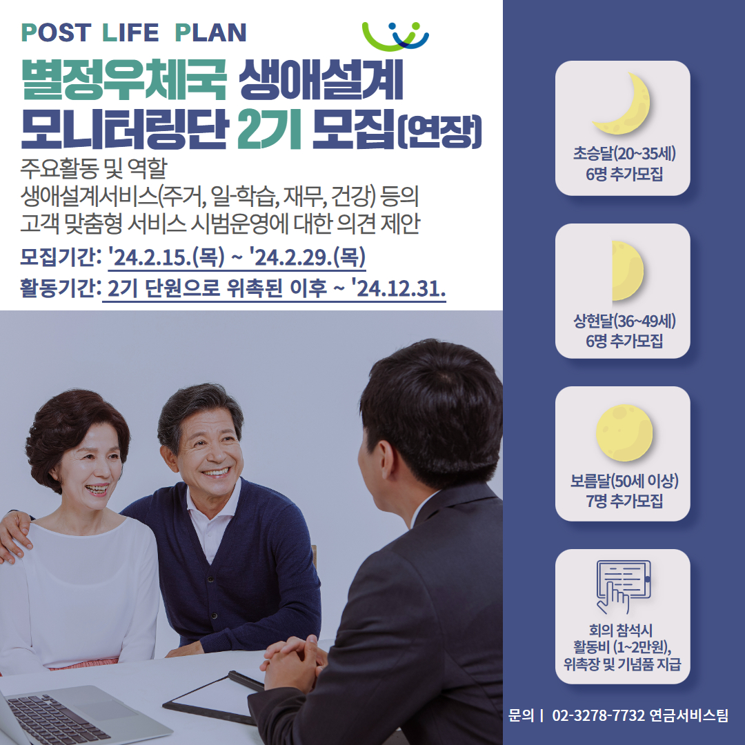 POST LIFE PLAN 별정우체국 생애설계 모니터링단 2기 모집(연장) / 주요활동 및 역할 생애설계서비스(주거, 일학습, 재무, 건강) 등의 고객 맞춤형 서비스 시범운영에 대한 의견제안 / 모집기간: '24.2.15.(목) ~ 24.2.29.(목) / 활동기간: 2기 단원으로 위촉된 이후 ~ '24.12.31. / 초승달(20~35세) 6명 추가모집 / 상현달(36~49세) 6명 추가모집 / 보름달(50세 이상) 7명 추가모집 / 회의 참석시 활동비(1~2만원),위촉장 및 기념품 지급 / |문의| 02-3278-7732 연금서비스팀