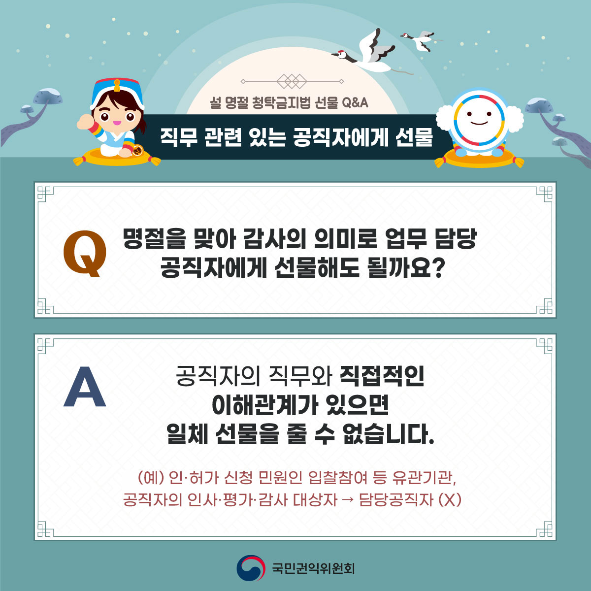 설 명절 청탁금지법 선물 Q&A / 직무 관련 있는 공직자에게 선물 / Q:명절을 맞아 감사의 의미로 업무 담당 공직자에게 선물해도 될까요? / A:공직자의 직무와 직접적인 이해관계가 있으면 일체 선물을 줄 수 없습니다. *(예)인·허가 신청 민원인,입찰참여 등 유관기관,공직자의 인사·평가·감사 대상자→담당 공직자(X) / 국민권익위원회