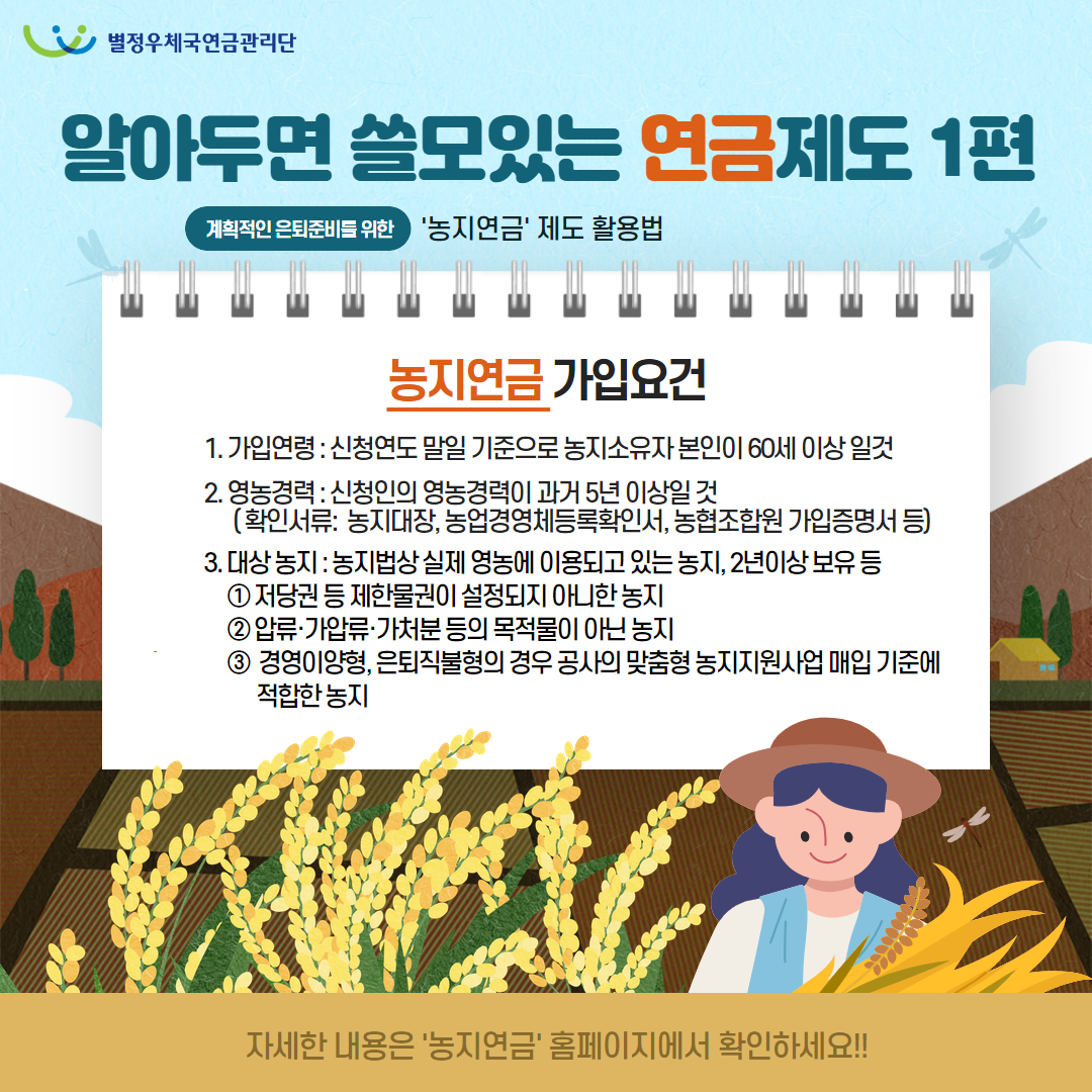 별정우체국연금관리단 / 알아두면 쓸모있는 연금제도 1편 / 계획적인 은퇴준비를 위한 '농지연금' 제도 활용법 / 농지연금 가입요건 / 1. 가입연령 : 신청연도 말일 기준으로 농지소유자 본인이 60세 이상일것 / 2. 영농경력: 신청인의 영농경력이 과거 5년 이상일 것 / (확인서류: 농지대장, 농업경영체등록확인서, 농협조합원 가입증명서 등) / 3. 대상 농지 : 농지법상 실제 영농에 이용되고 있는 농지, 2년이상 보유 등 / ①저당권 등 제한물권이 설정되지 아니한 농지 / ②압류·가압류·가처분등의 목적물이 아닌 농지 / ③경영이양형, 은퇴직불형의 경우 공사의 맞춤형 농지지원사업 매입 기준에 적합한 농지 / 자세한 내용은 '농지연금' 홈페이지에서 확인하세요!!